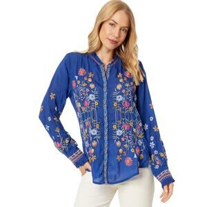 NWT JOHNNY WAS Top Blouse XS Blue Floral Embroidery Button-Up Long-Slv”Iolanda”